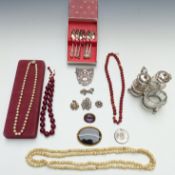 A silver buckle / brooch, silver and marcasite brooch, faux Edwardian pendant, banded agate