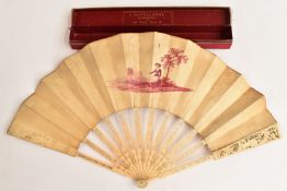 A 19thC Chinese carved ivory fan with pierced guard sticks and Watteau scenes, in J Duvellory box