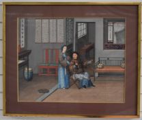 Large 19th/20thC Chinese watercolour of a couple with opium pipes, entitled verso 'A retired