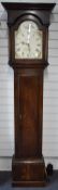 Georgian 8 day longcase clock with R Matthews Oswestry to painted Roman dial, oak case with plain