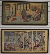 Pair of Japanese Meiji period tryptych woodblock prints, by repute ex Roland Sonderhoff