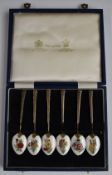 Mappin & Webb cased set of six hallmarked silver gilt guilloché enamel teaspoons with floral