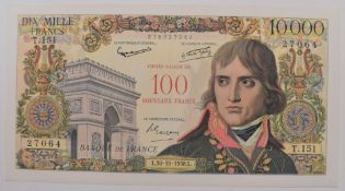 Banque de France 100 new francs on 10,000 francs, 1955 type 31 Oct 1958, serial number  T 151 27064.