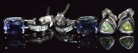 Two pairs of 9k white gold earrings, one pair set with quartz and diamonds and the other Paraiba