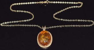 A 9ct gold pendant set with amber and a 9ct gold chain, length 3.6cm