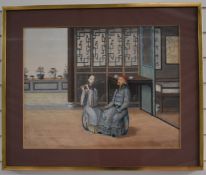 Large 19th/20thC Chinese watercolour of a female flautist playing to a high ranking official, 46 x