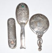 Ramsden & Carr Arts & Crafts or Art Nouveau hallmarked silver three piece dressing table set