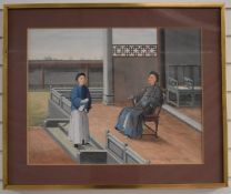 Large 19th/20thC Chinese watercolour of a seated high ranking official on a raised terrace talking