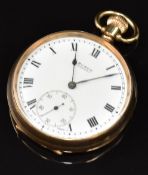 Buren Grand Prix 9ct gold keyless winding open faced pocket watch with black Roman numerals, inset