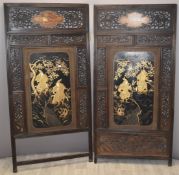 Japanese late 19th/20thC wooden fretwork Shibayoma bifold screen decorated with warriors/Samurai,