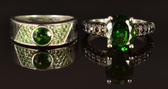 Two 9k white gold rings, one set with diopside and black spinel (size M, 4.8g) and the other