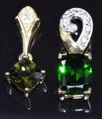 Two 9ct gold pendants, one set with moldavite and white topaz and the other diopside, 3.5g