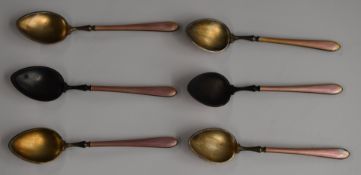 Set of 12 Art Deco hallmarked silver and pink guilloché enamel spoons, import marks for London 1923,