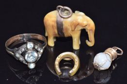 Victorian 9ct gold ring set with paste (2.2g), ivory elephant charm, a 9ct gold charm, yellow