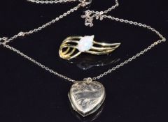 A 14k gold brooch set with an opal and a diamond (2.9g), a 9ct gold chain (1g) and a 9ct gold back