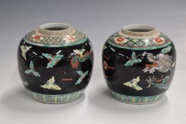 A pair of 19thC/20thC Chinese famille noir ginger jars with four character mark to base, H13cm