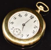 Art Deco style 18ct gold keyless winding open faced pocket watch with inset subsidiary seconds dial,