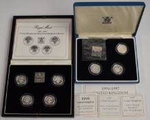 Royal Mint 1984-1987 UK Silver Proof Piedfort £1 coin set in deluxe case, together with a part set