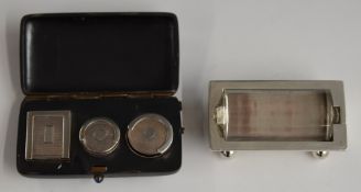 George V hallmarked silver and glass stamp roller or wetter with glass roller, the barrel shaped