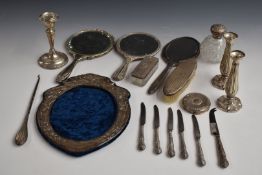 Hallmarked silver items comprising pair of Art Nouveau style vases, candlestick, cut glass