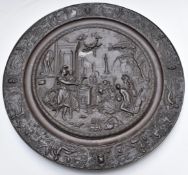 19th or early 20thC cast iron plaque with classical scene to centre and smaller titled scenes to