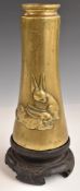 A 19th/20thC Japanese bronze pedestal vase on a stand decorated with two hares below a half moon,