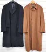 Two large wool and cashmere gentlemans overcoats, the tan example Bugatti size 44R, the black