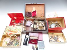 A collection of costume jewellery including Art Deco necklaces, vintage beads, Tunbridge wear pin