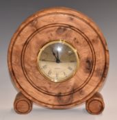 Turned burrwood circular mantel clock fitted with a contemporary quartz movement