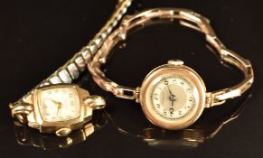 Two 9ct gold ladies wristwatches, one Meaders with blued Breguet hands, black Arabic numerals and
