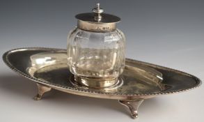 Edward VII hallmarked silver standish or inkwell with cut glass, silver lidded inkwell to the centre