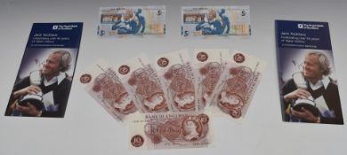 Royal Bank of Scotland Jack Nicklaus £5 notes comprising a consecutive pair in folders and
