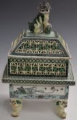 Chinese 19thC famille verte covered enamelled reticulated censer of square temple form with Dog of