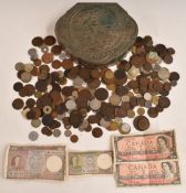 A collection of overseas coinage, 18thC onwards, includes Jetons etc and some banknotes, contained