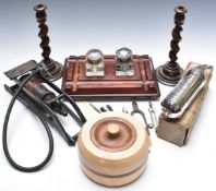 Collectables including vintage car foot pump, pyrene extinguisher, candlesticks and desk stand