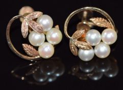 A pair of 14k gold earrings set with cultured pearls, in original Hong Kong box, 5.4g