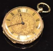 Swiss 18ct gold open faced pocket watch with blued hands, black Roman numerals, engraved gold