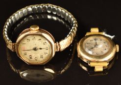 Two 9ct gold ladies wristwatches both with blued hands, Arabic numerals and silver dials, one on