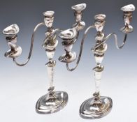 Pair of silver plated three branch candelabra in Martin & Co. Cheltenham box, H41cm