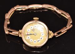 Ladies 9ct gold wristwatch with blued hands, Roman numerals, gold dial and unsigned movement, on 9ct