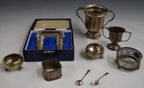 Cased hallmarked silver salt and pepper on tray, pair of hallmarked silver open salts together