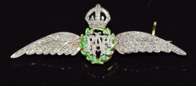 A yellow metal RAF brooch set with enamel and diamonds, 4g
