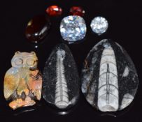 Two natural spessartite garnets, cubic zirconia, opal owl, etc