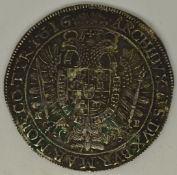 Mattias II 1616 Austro-Hungarian Taller coin. Obverse: frilled draped bust MATTHIAS - DG ROIMS - AVE
