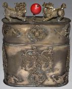 Chinese white metal tobacco box with Dog of Fo finials and applied dragon decoration, H10cm