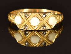 A c1900 18ct gold ring set with rose cut diamonds and pearls, size U, 3.2g