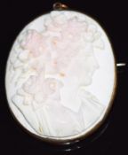 Victorian brooch set with an angel skin coral cameo, 3.8 x 4.5cm