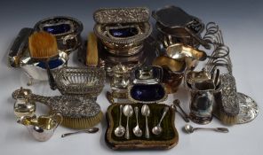 Hallmarked silver and blue guilloché enamel hand mirror and two brushes, four further hallmarked