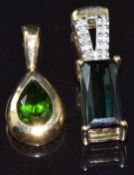 Two 9k gold pendants, one set with tourmaline and diamonds and the other diopside, 3.4g