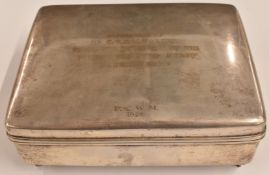 Chinese / Hong Kong silver cigar box raised on four cabriole legs with dedication 'To C E